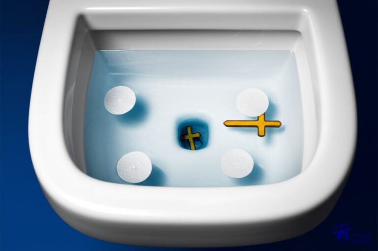 Un inodoro de porcelana blanca con varias hostias consagradas flotando en el agua, y una pequeña cruz dorada atascada en el desagüe. Representa: Abel Azcona fue denunciado por usar hostias consagradas en una instalación crítica con la Iglesia