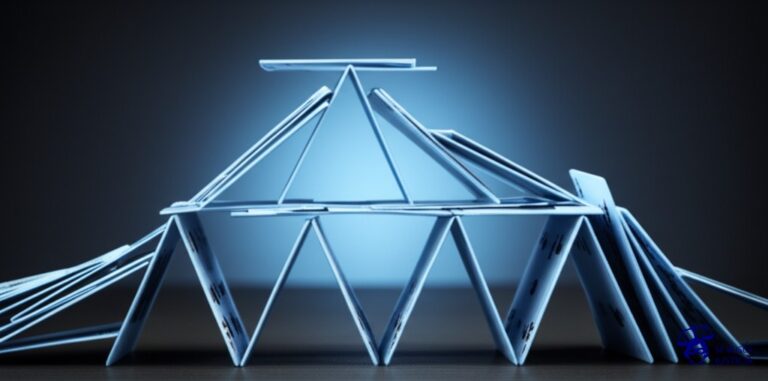 Un castillo de naipes que se derrumba rápidamente. Representa: Abuso de contratos temporales