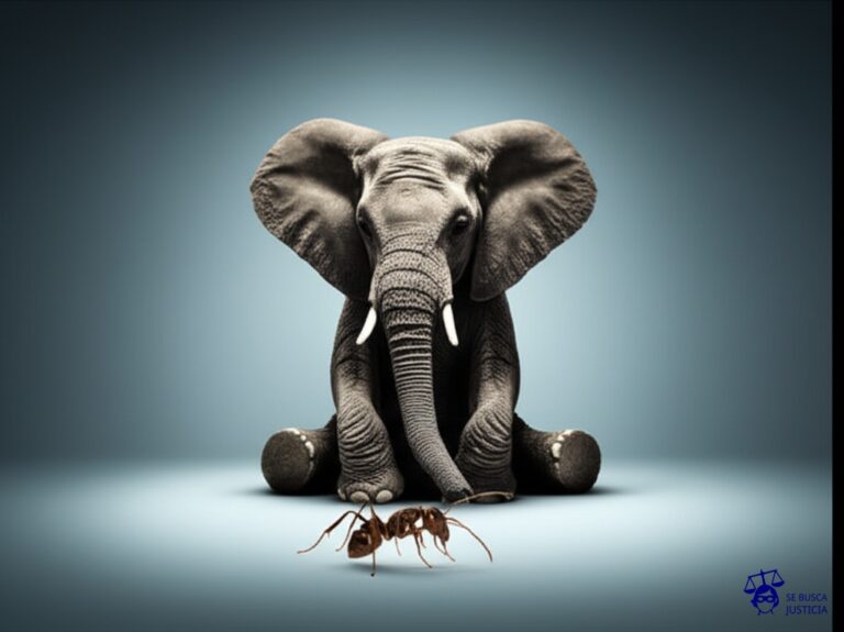 Un elefante (representando el poder) sentado sobre una hormiga (representando el individuo), comiendo tranquilamente un sándwich. Representa: Abuso de poder en la imposición de medidas administrativas