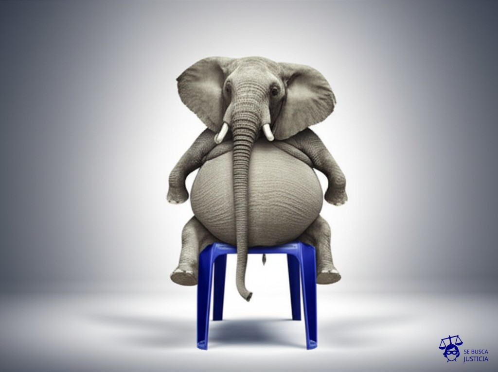 Un elefante obeso sentado en una silla de plástico que se está doblando bajo su peso. Representa: Abuso de poder por parte de funcionarios públicos