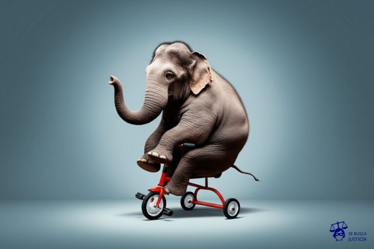 Un elefante (representando la empresa dominante) sentado en un pequeño triciclo, aplastándolo. Representa: Abuso de posición dominante en el mercado digital