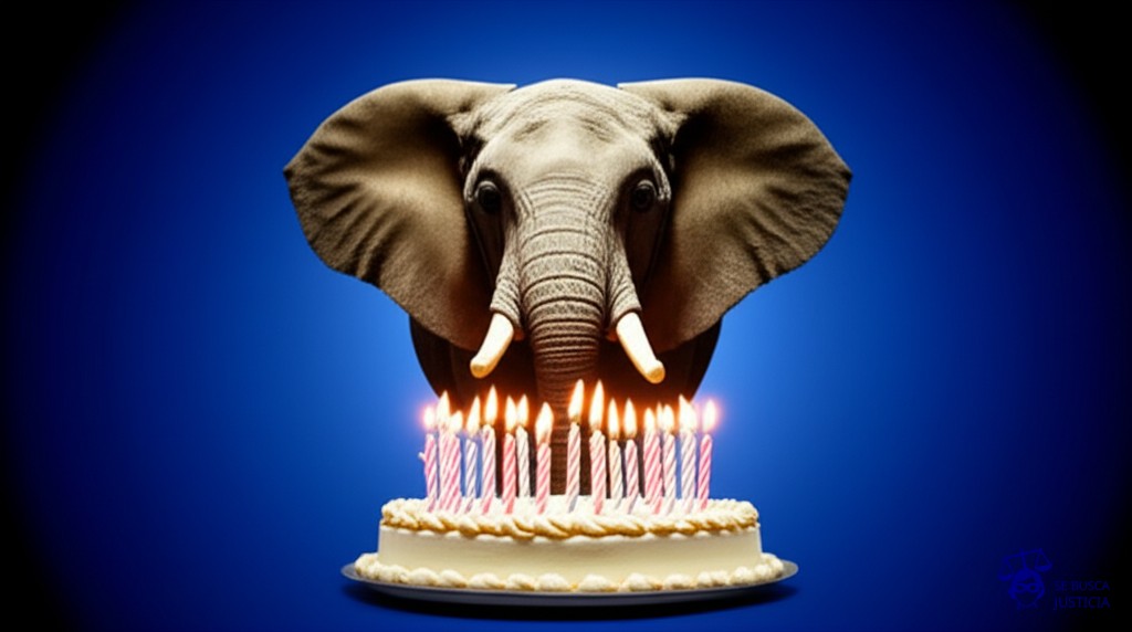 Un enorme pastel de cumpleaños bellamente decorado, con muchas velas encendidas, siendo aplastado por un elefante. Representa: Abuso sexual con agravantes