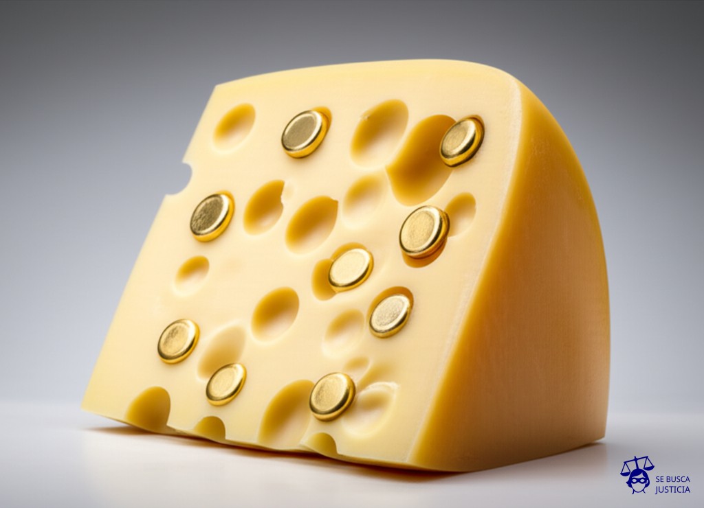 Un gran queso suizo con agujeros, pero los agujeros están tapados con pequeñas tapas doradas. Representa: Acceso restringido a expedientes administrativos