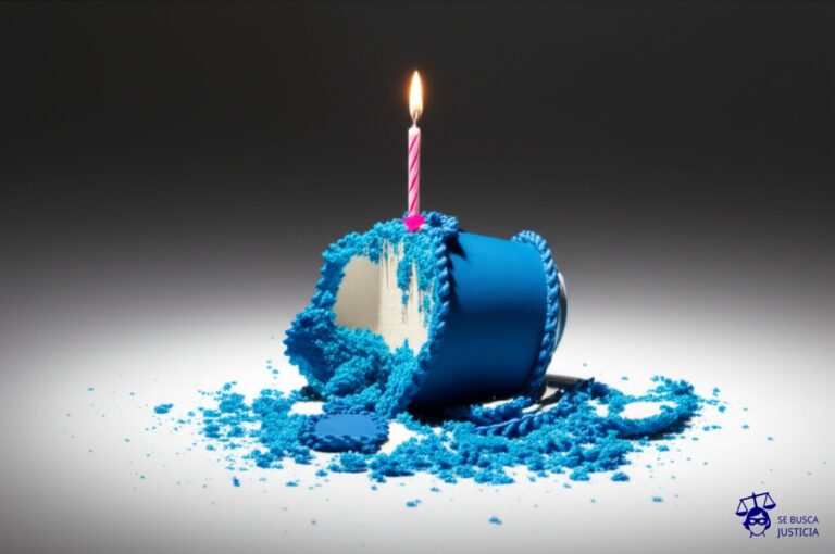 Un gran pastel de cumpleaños, destrozado y volcado en el suelo, con una vela encendida intacta que sobresale. Representa: Accidente con menor sin autorización legal