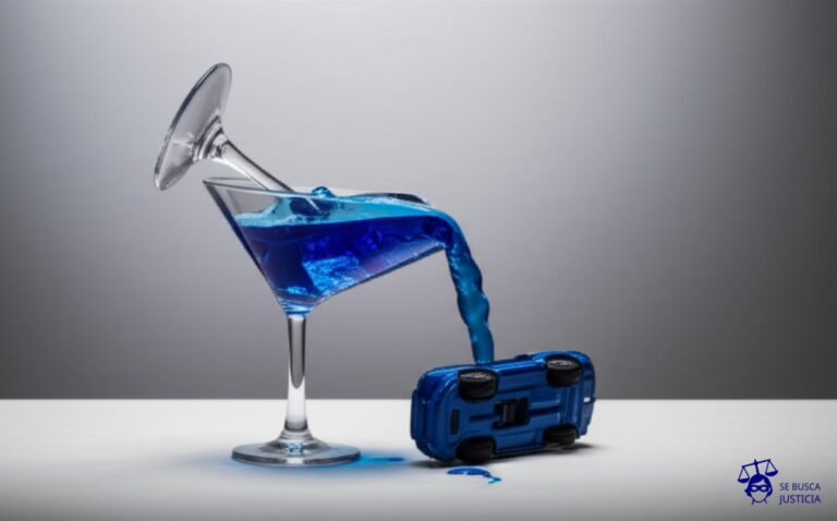 Un vaso de martini inclinado, derramándose sobre un coche de juguete que está volcado. Representa: Accidente de tránsito con conductor alcoholizado
