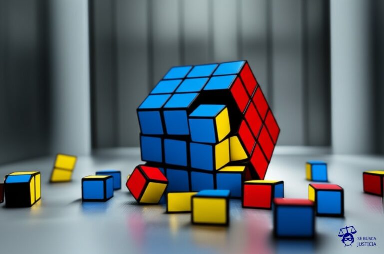 Un cubo de Rubik a medio resolver, con algunas piezas sueltas y desparramadas en el suelo del ascensor. Representa: Accidente en ascensor por falta de mantenimiento