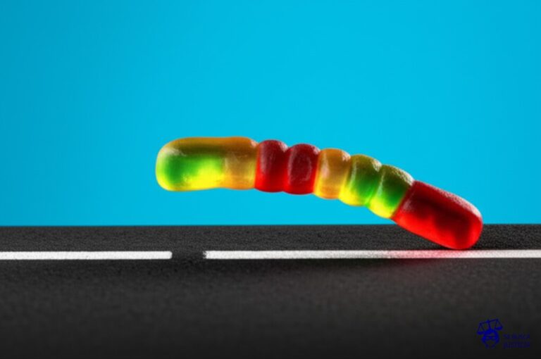 Un gusano de goma a punto de caerse de una línea dibujada en el suelo. Representa: Accidente en autopista sin baranda de contención