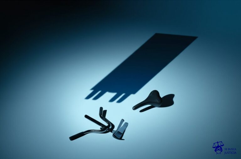 Un ciclista, representado por un manillar y un sillín, en el suelo, con una sombra alargada que se asemeja a la forma de un camión, pero sin matrículas. Representa: Accidente en bicicleta con vehículo sin patente