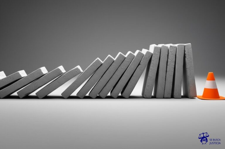 Un dominó gigante, construido con bloques de hormigón, colapsando en una cadena destructiva, cada bloque impactando al siguiente, con una única pieza de protección (un pequeño cono de tráfico) colocada negligentemente en el camino de la caída. Representa: Accidente en demolición por falta de precauciones