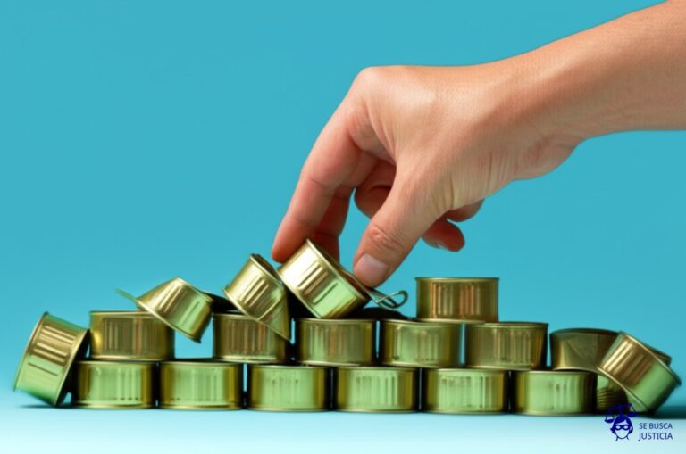 Un montón de latas de sardinas, apiladas precariamente, y una mano gigante (estilizada) empujando el montón, haciendo que se desparramen desordenadamente. Representa: Accidente en evento masivo por avalancha