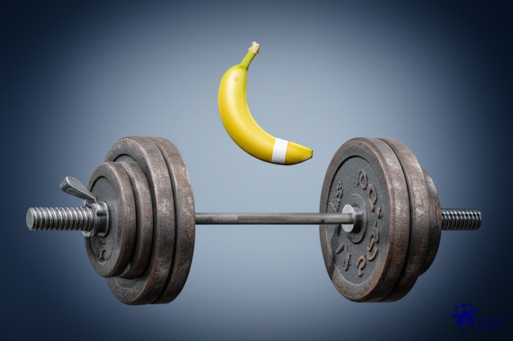 Un plátano maduro, con una cinta adhesiva en el extremo, doblado en dos y apoyado sobre una barra de pesas oxidada. Representa: Accidente en gimnasio por equipo en mal estado