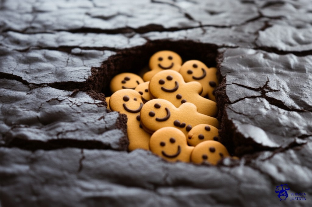 Un montón de galletas de jengibre, con caras sonrientes, siendo tragadas por una gran grieta en un pastel de chocolate. Representa: Accidente en mina por deslizamiento de tierra