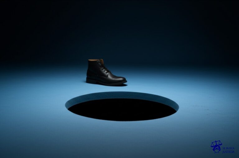 Un gran agujero en el suelo, perfectamente circular, con un solo zapato en el fondo. Representa: Accidente en obra sin señalización