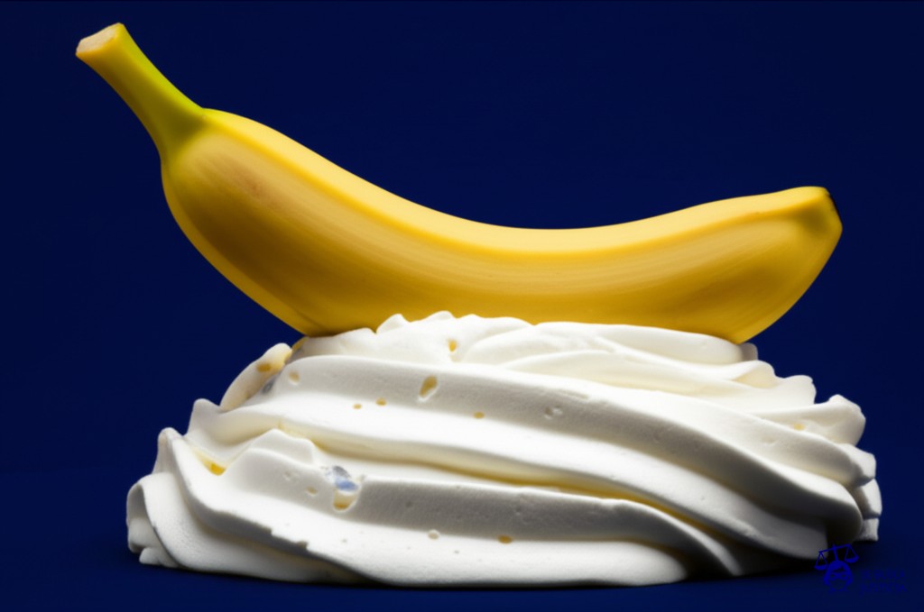 Un plátano maduro, a punto de caer, sobre una pila de crema batida. Representa: Accidente en parque acuático por falla de tobogán