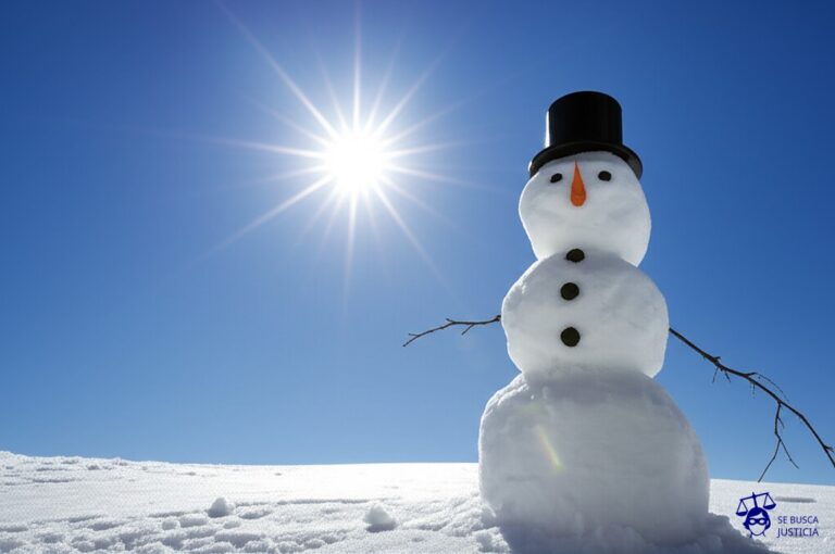 Un muñeco de nieve con un sombrero de obrero, derritiéndose bajo el sol. Representa: Accidente laboral sin ART reconocida