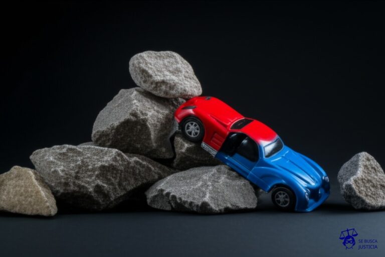 Un coche de juguete aplastado bajo una pila de rocas de juguete. Representa: Accidente por desprendimiento de rocas en ruta