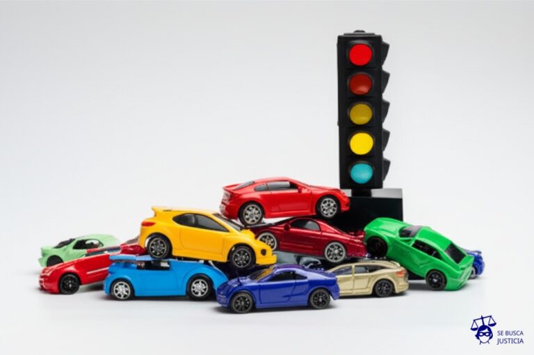Un montón de autos de juguete apilados torpemente, con el semáforo de juguete encima, inclinado y con las luces desordenadas. Representa: Accidente por semáforo en mal funcionamiento