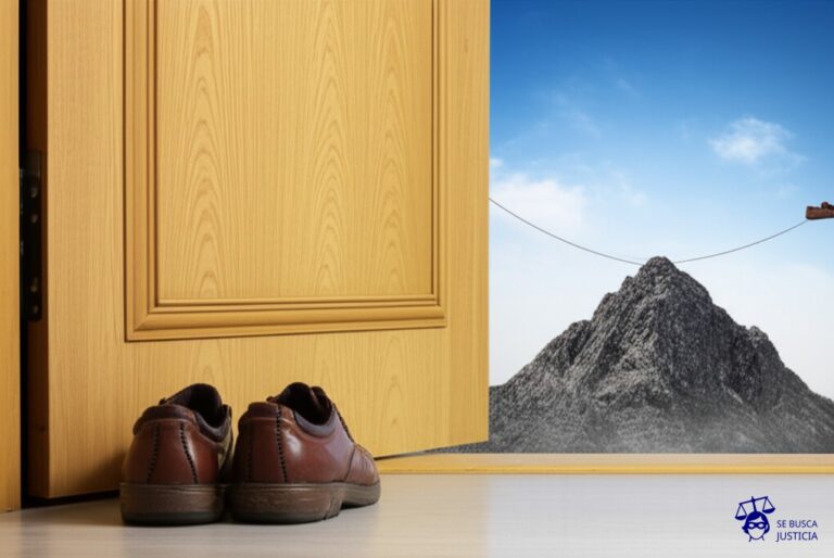 Un par de zapatos, uno en la puerta de una casa, el otro a kilómetros de distancia, en la cima de una montaña. Representa: Acción de divorcio por causal de abandono de hogar conyugal, donde uno de los cónyuges se fue del domicilio común sin justificación, lo que puede tener implicaciones en la disolución y reparto de bienes.