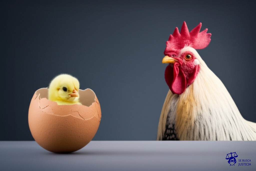 Un huevo roto con un pollito dentro, y al lado, un gallo mirando hacia otro lado con expresión de yo no fui. Representa: Acción de filiación de hijo no reconocido