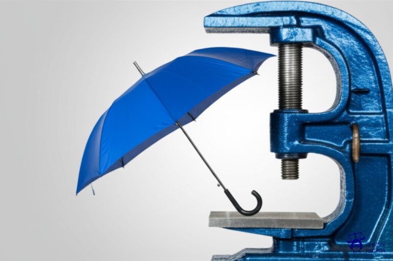 Un pequeño paraguas solitario, en perfecto estado, siendo sistemáticamente aplastado por una enorme y pesada prensa de metal. Representa: Acoso laboral (mobbing)