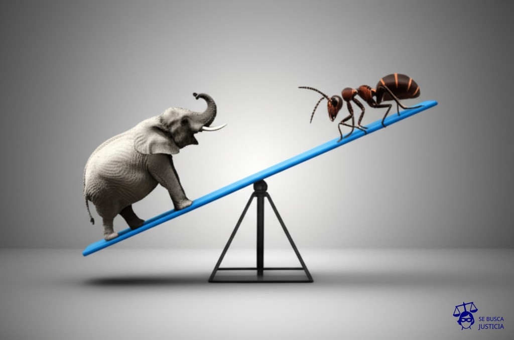 Un balancín. En un extremo, un elefante; en el otro, una hormiga. Representa: Actos administrativos con contenido discriminatorio