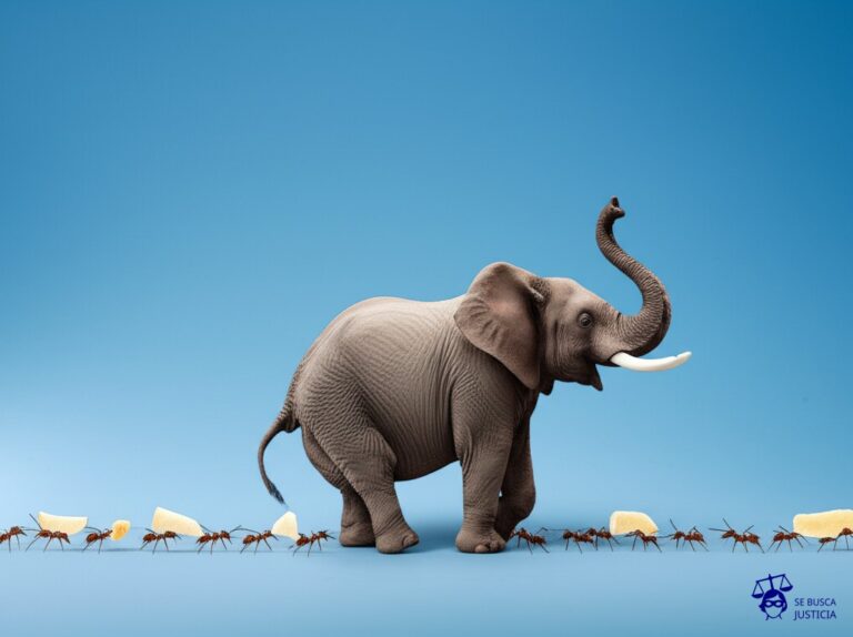 Un elefante gordo y obeso aplastando una fila de hormigas que intentan llevar migas de pan. Representa: Actos administrativos que afectan la libre competencia