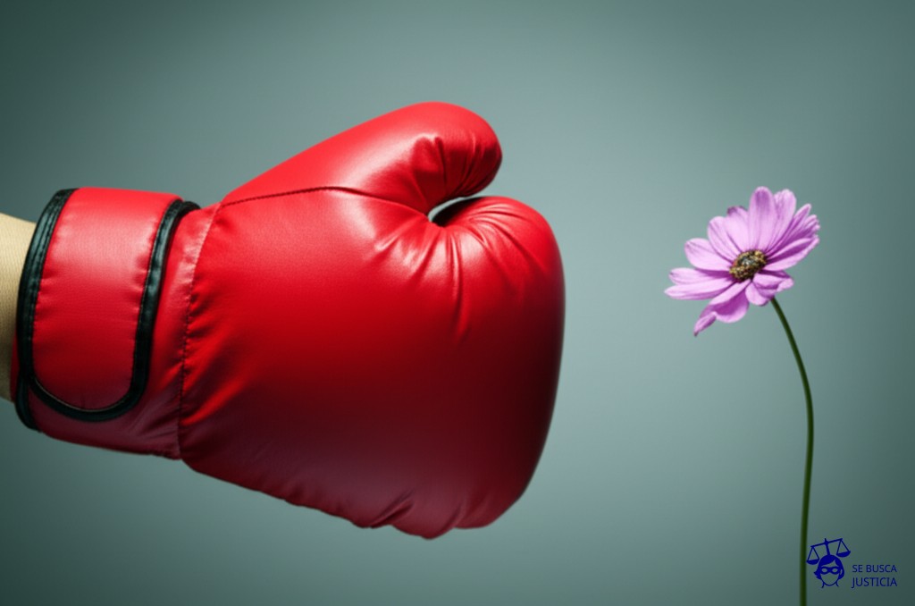 Una mano gigante, con forma de guante de boxeo, aplasta una pequeña flor delicada. Representa: Actos administrativos que vulneran derechos fundamentales