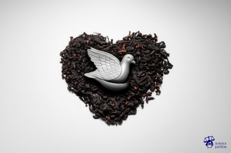 Un gran montón de cenizas humeantes con forma de corazón, sobre el cual un pequeño y elegante cenicero con la forma de una paloma descansa delicadamente. Representa: Adel Abdessemed fue investigado por quemar animales muertos en su videoarte