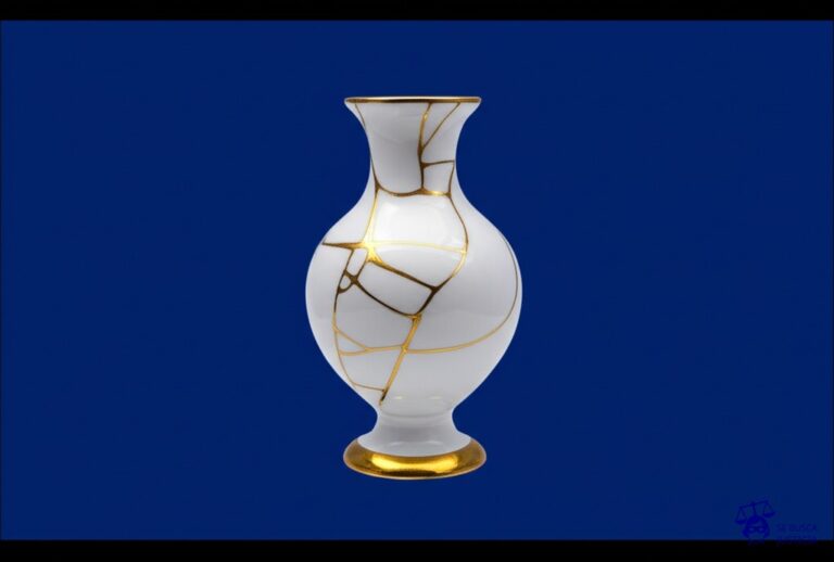 Un delicado jarrón de porcelana finamente decorado, con grietas visibles y un ligero derrame de pintura dorada en su base. Representa: Adolfo Patiño exploro los limites de la sexualidad femenina en su serie fotografica lo que pudo generar debate