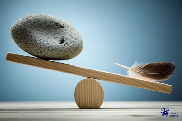 Un balancín. En un lado, una enorme roca. En el otro, una pluma. Representa: Afectación al principio de igualdad ante la ley