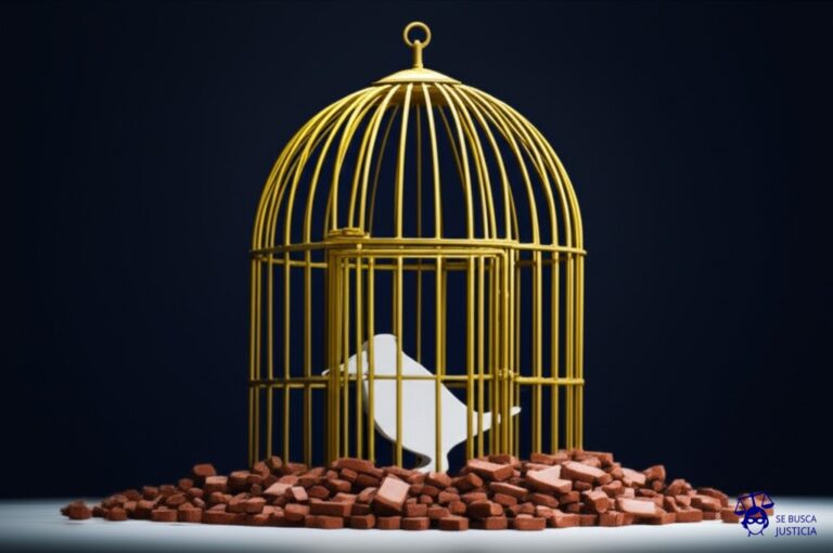 Una gran jaula dorada con una figura diminuta, estilizada y con forma de pájaro, dentro. La jaula está colocada sobre un montón de ladrillos. Representa: Ai Weiwei fue detenido por el gobierno chino tras realizar instalaciones críticas contra el régimen