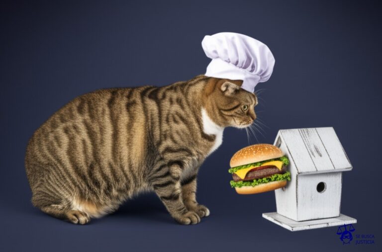 Un gato gordo, con un gorro de chef, intentando meter a la fuerza una hamburguesa gigante en una casita de pájaros. Representa: Alquiler de vivienda con fines comerciales sin habilitación