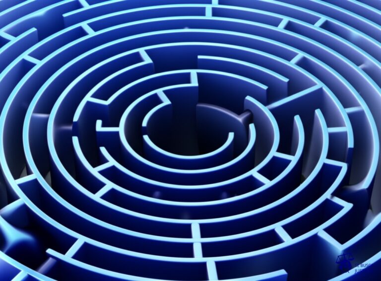 Un laberinto con múltiples entradas y salidas, todas idénticas, que conduce a un único punto central: un gran agujero negro. Representa: Ambigüedad en contratos de coautoría para libros