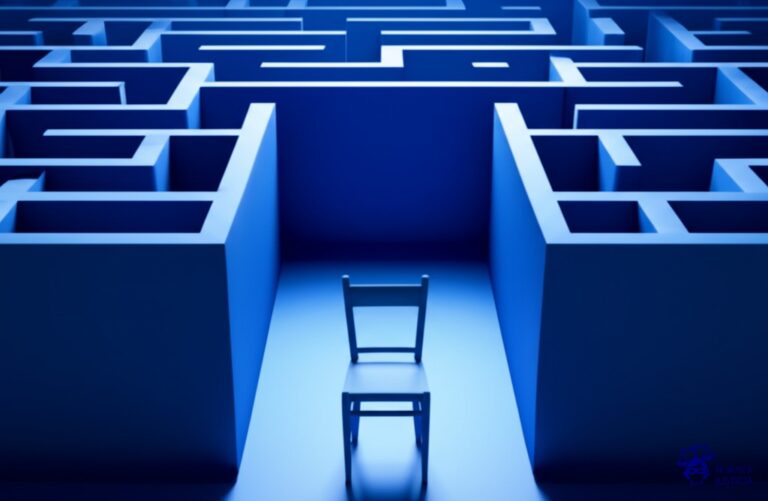 Un laberinto con múltiples entradas y salidas, todas idénticas, y en el centro, una silla vacía. Representa: Ambigüedad en los contratos de licencia de uso de software en Argentina