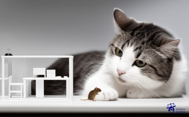 Un gran gato doméstico (el empleador) acechando a un pequeño ratón (el empleado) en un espacio de oficina minimalista. El gato tiene una postura relajada pero con la mirada fija y las pupilas dilatadas. Representa: Amenazas por parte del empleador