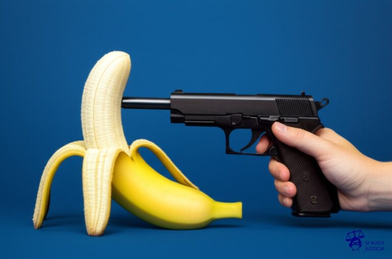 Un plátano, con una pistola apuntando a su cáscara. Representa: Amenazas y coacciones