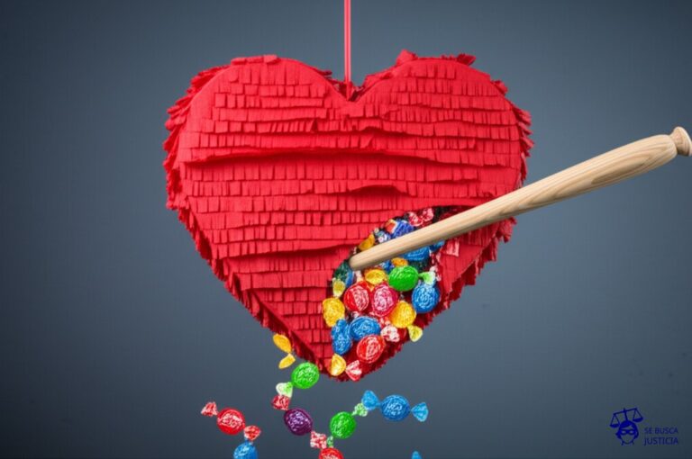 Una piñata con forma de corazón, llena de caramelos de diferentes colores, siendo golpeada con un bate. Algunos caramelos salen intactos, otros rotos y esparcidos. Representa: Ana Segovia ha abordado la sexualidad en sus obras lo que puede generar reacciones diversas