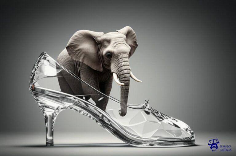 Un gran elefante (representando el poder judicial) intentando meterse en un diminuto zapato de cristal (representando la propiedad privada). El elefante está sudando y tenso, a punto de romperlo. Representa: Análisis de la constitucionalidad de decisiones económicas judiciales, especialmente en contextos de emergencia que afectan derechos como la propiedad.
