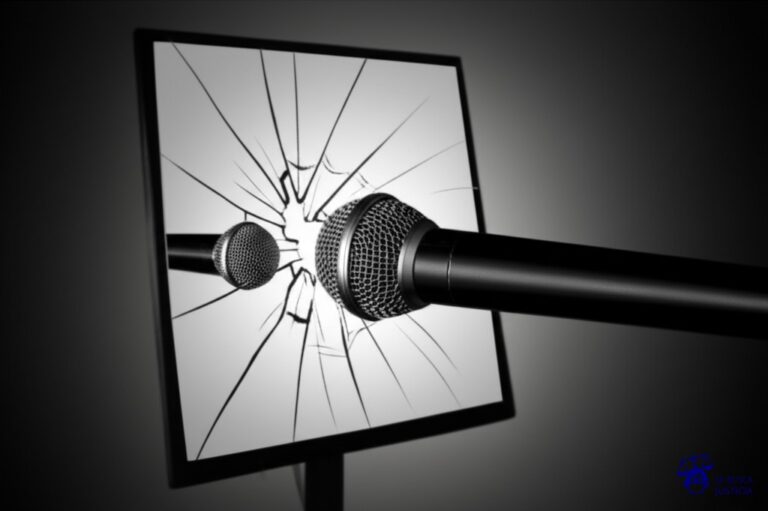 Un micrófono (símbolo de grabación) apuntando a un espejo roto. Representa: Andrea Fraser fue denunciada por grabar un acto sexual como parte de una pieza artística