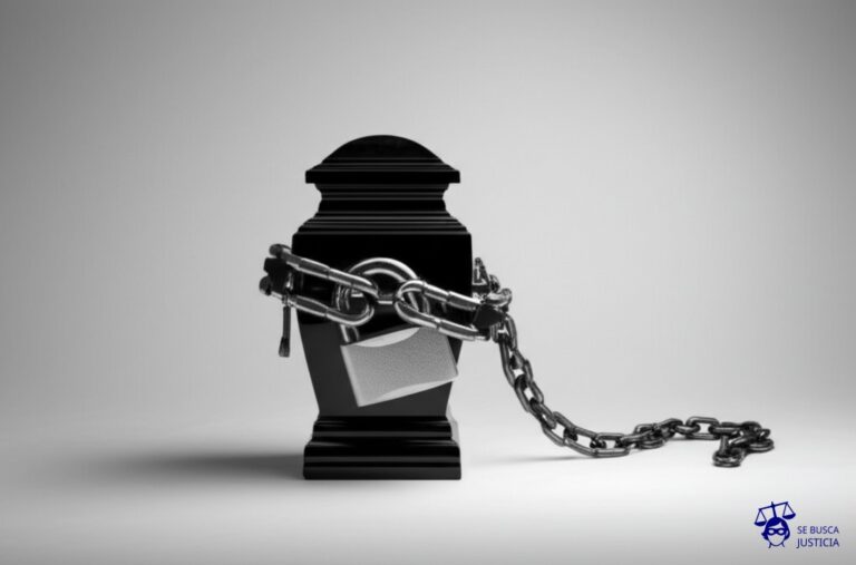 Un gran candado oxidado intentando cerrar la boca de una urna funeraria. Representa: Andres Serrano fue objeto de intentos legales para censurar su obra 'The Morgue' por mostrar cadáveres