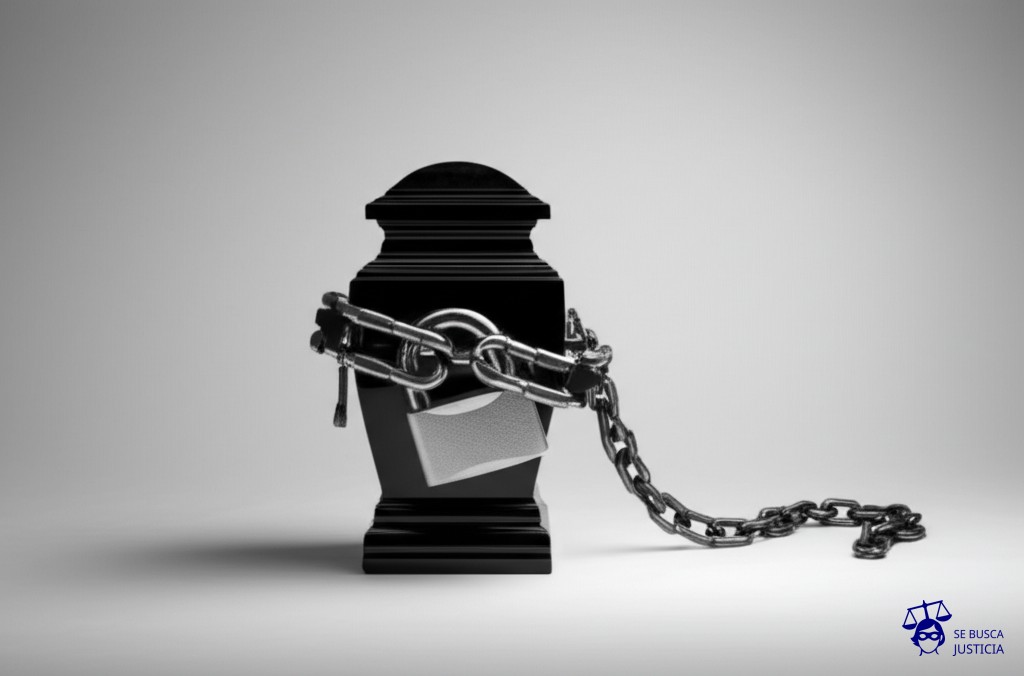 Un gran candado oxidado intentando cerrar la boca de una urna funeraria. Representa: Andres Serrano fue objeto de intentos legales para censurar su obra 'The Morgue' por mostrar cadáveres