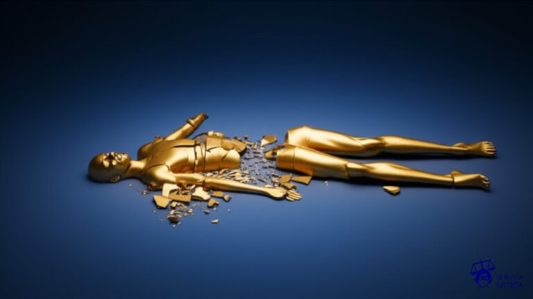 Una estatua dorada de un velocista, aparentemente perfecta, hecha añicos y esparcida en el suelo. Representa: Anulación de récord mundial de Tim Montgomery por dopaje (Atletismo)