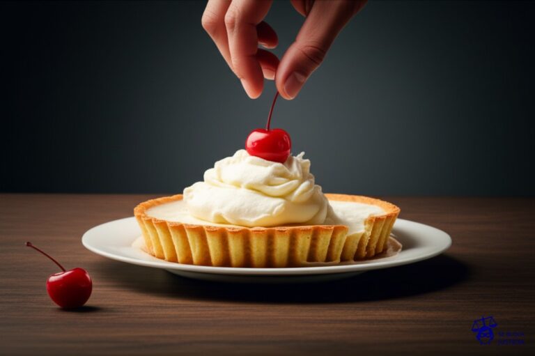 Un gran plato de tarta de crema, perfectamente decorado, con una cereza encima. De repente, una mano invisible lo golpea, dejando la tarta destrozada y la cereza rodando por la mesa. Representa: Anulación de try decisivo en la final del Mundial de Rugby 2019 (Inglaterra vs Sudáfrica)
