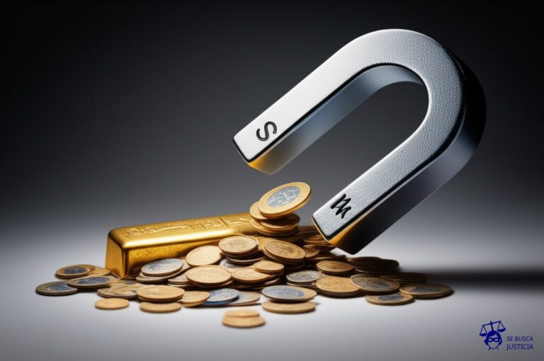 Un enorme y brillante imán atrae con fuerza un puñado de monedas de muy poco valor, mientras ignora completamente un gran lingote de oro que está a su lado. Representa: Aplicación abusiva del principio de realidad económica