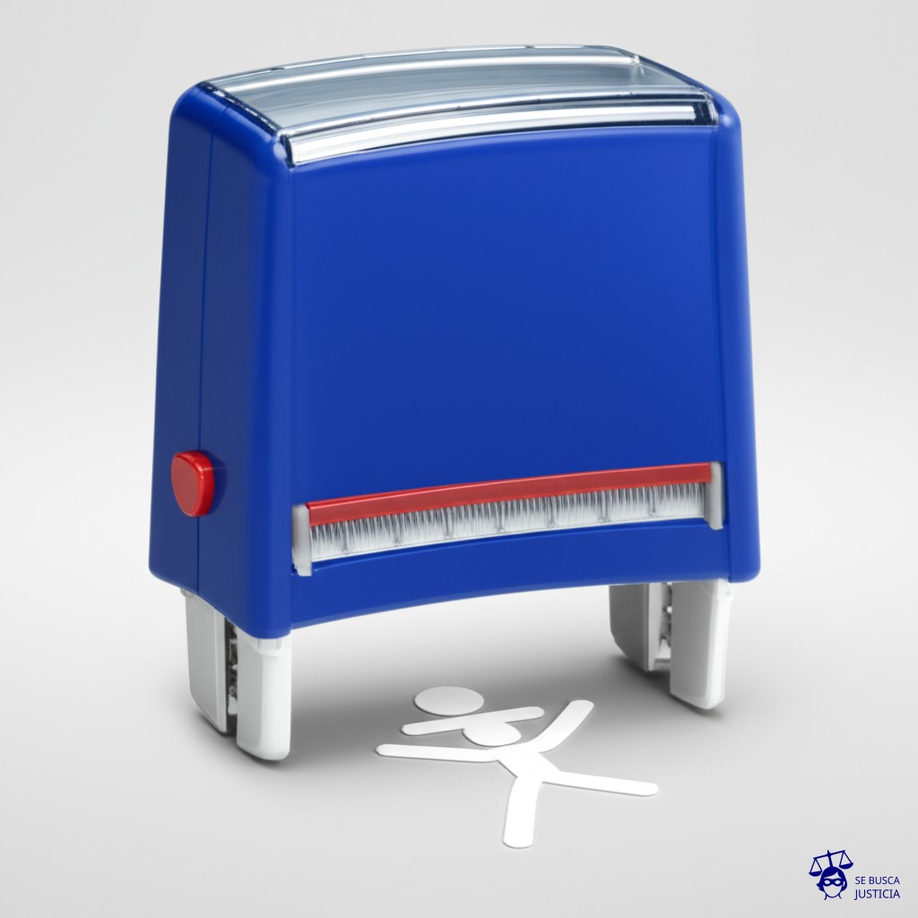 Un gran sello de goma (como los que se usan para sellar documentos) que golpea repetidamente una figura de palitos, aplastándola cada vez más. Representa: Aplicación automática de multas sin derecho de defensa