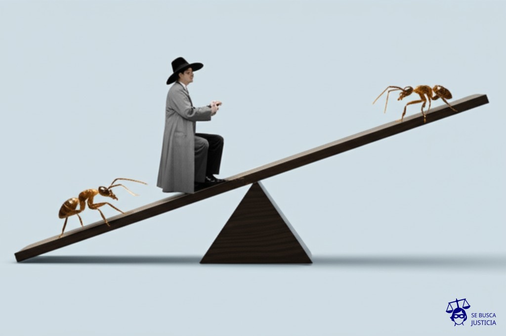 Un hombre delgado, con un sombrero de ala ancha y un abrigo largo, está sentado en un balancín que se eleva peligrosamente por un lado, mientras que el otro lado está aplastando a una pequeña hormiga. El balancín es una gran balanza. Representa: Aplicación de la Ley de Usura en créditos prendarios y personales