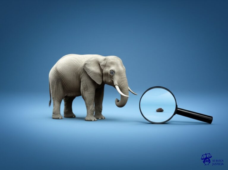 Un elefante usando una lupa diminuta para examinar una mota de polvo en el suelo. Representa: Aplicación de sanciones por incumplimientos formales menores