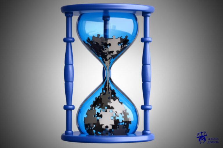 Un reloj de arena que se voltea a sí mismo, pero en lugar de arena, contiene piezas de un rompecabezas que ya están armadas. Representa: Aplicación retroactiva de leyes penales que vulneran garantías constitucionales