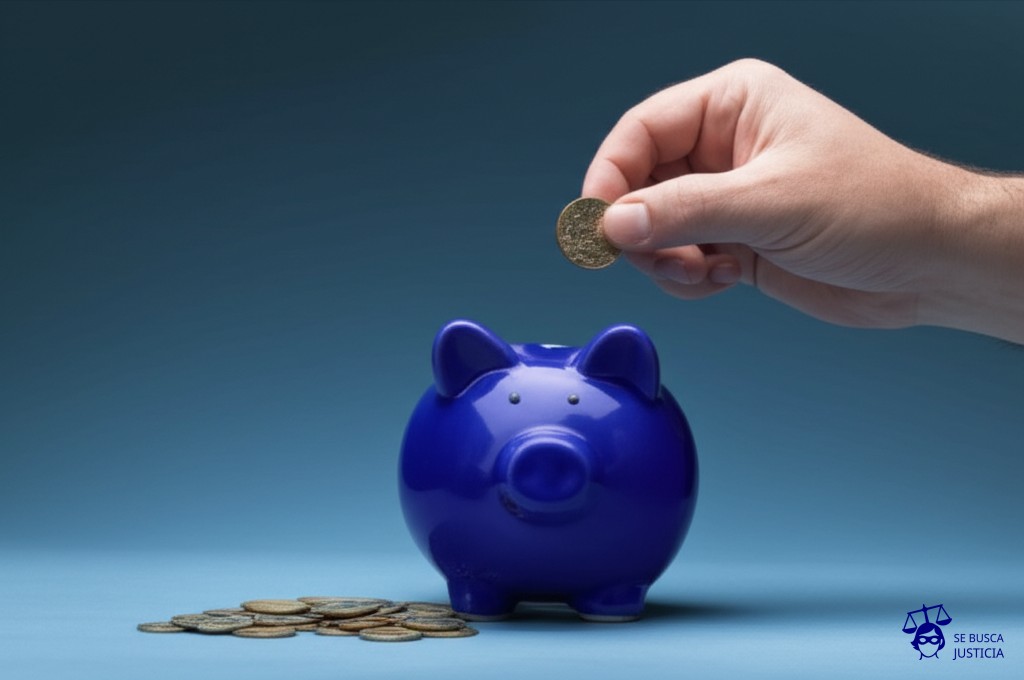 Un hombre, ya con la cuenta bancaria vacía, intenta desesperadamente meter monedas en una alcancía que ya está completamente llena y sellada. Representa: Aplicación retroactiva de normas tributarias