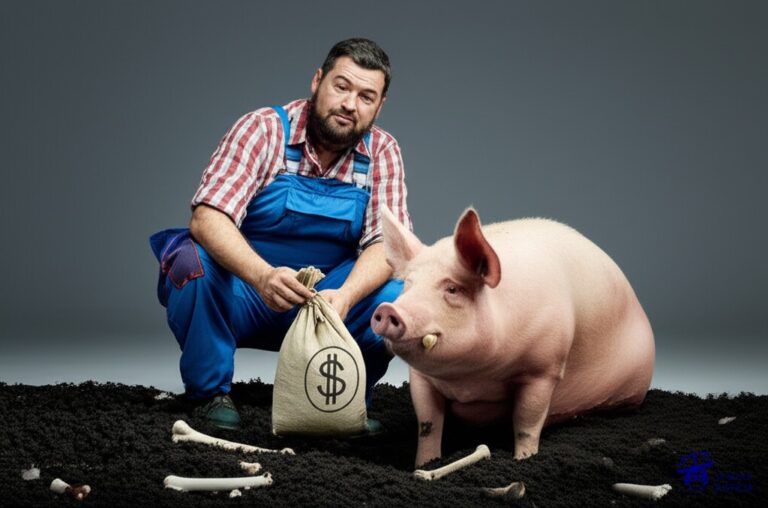 Un granjero robusto, con un overol remendado, alimenta a un cerdo obeso con una bolsa marcada con un signo de dólar. El cerdo está rodeado de un lodazal lleno de huesos. Representa: Apoyo de Estados a empresas que vulneran normas internacionales